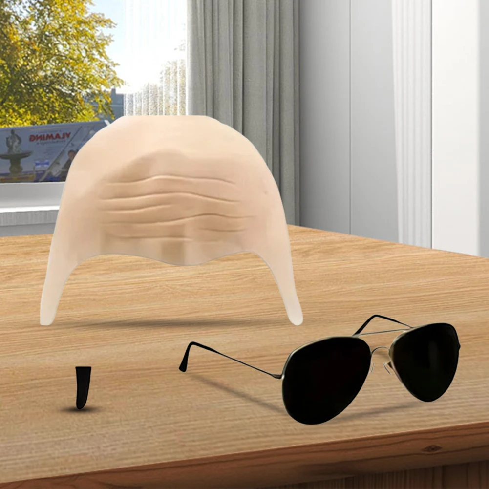 Fake Bald Wig Cap with Glasses Nude Latex Bald Cap with Beard Adults Bald Cap for Stage Play Accessory
