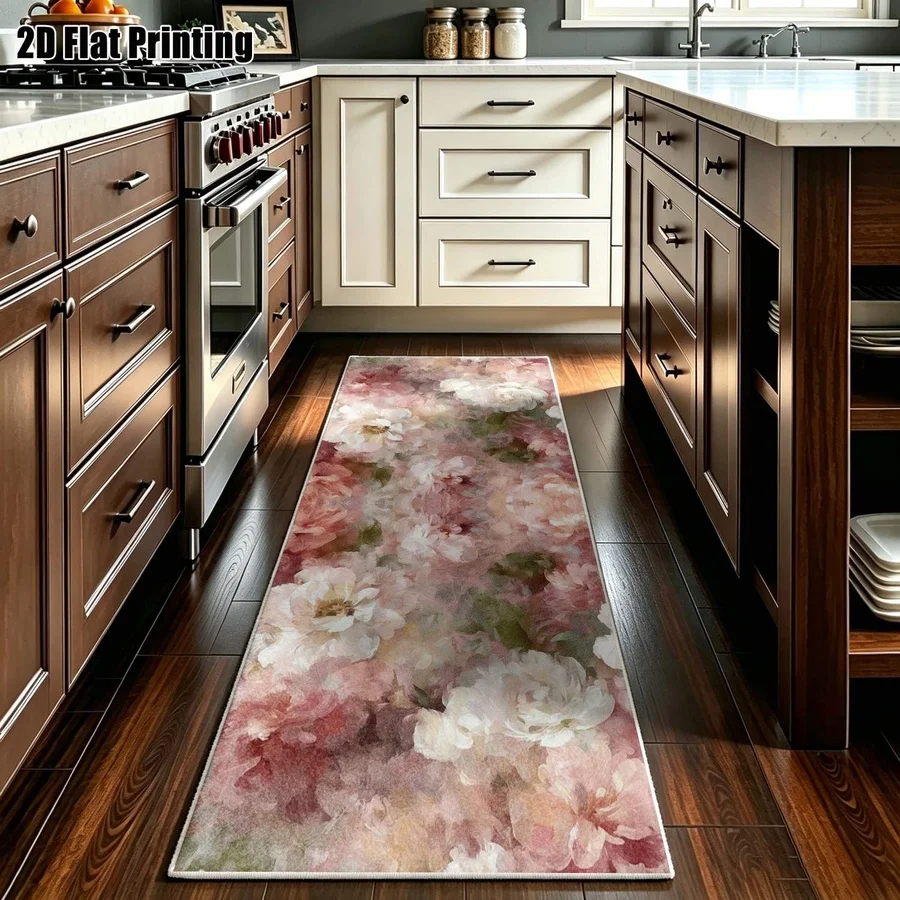 1Pc French Countryside Floral Pattern Long Carpet, Bohemian Style Printed Carpet, Suitable for Bedroom, Living Room, Corridor, Entrance, Bathroom, Bedside, Home Decoration, Outdoor Terrace Decoration