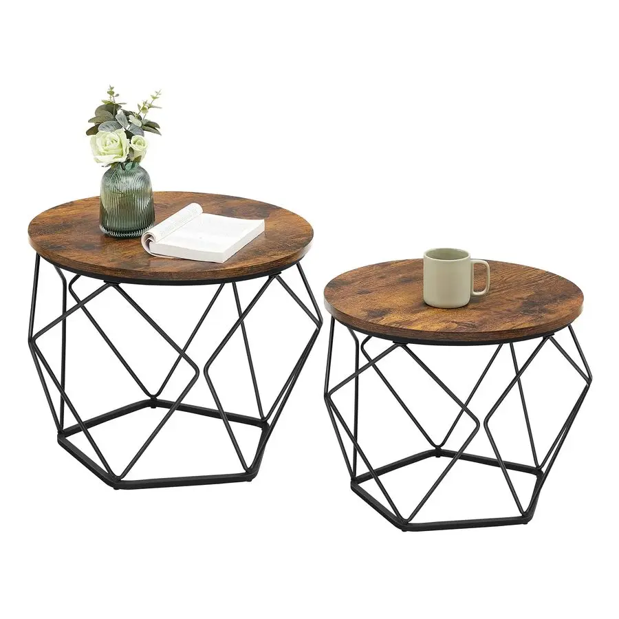 

Small Coffee Table Set of 2, Round Coffee Table with Steel Frame, Side End Table for Living Room, Bedroom, Office, Rustic Brown