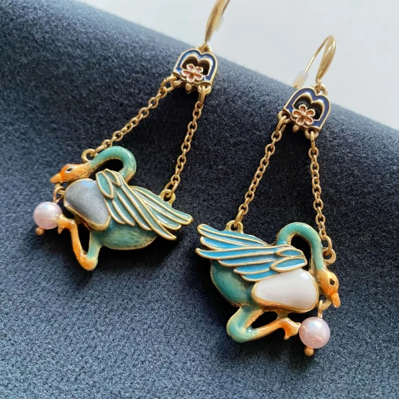 

Middle Vintage Earrings 2025 New Trendy Green Swan National Trendy Long Tassel Fade Pearl Earrings for Women