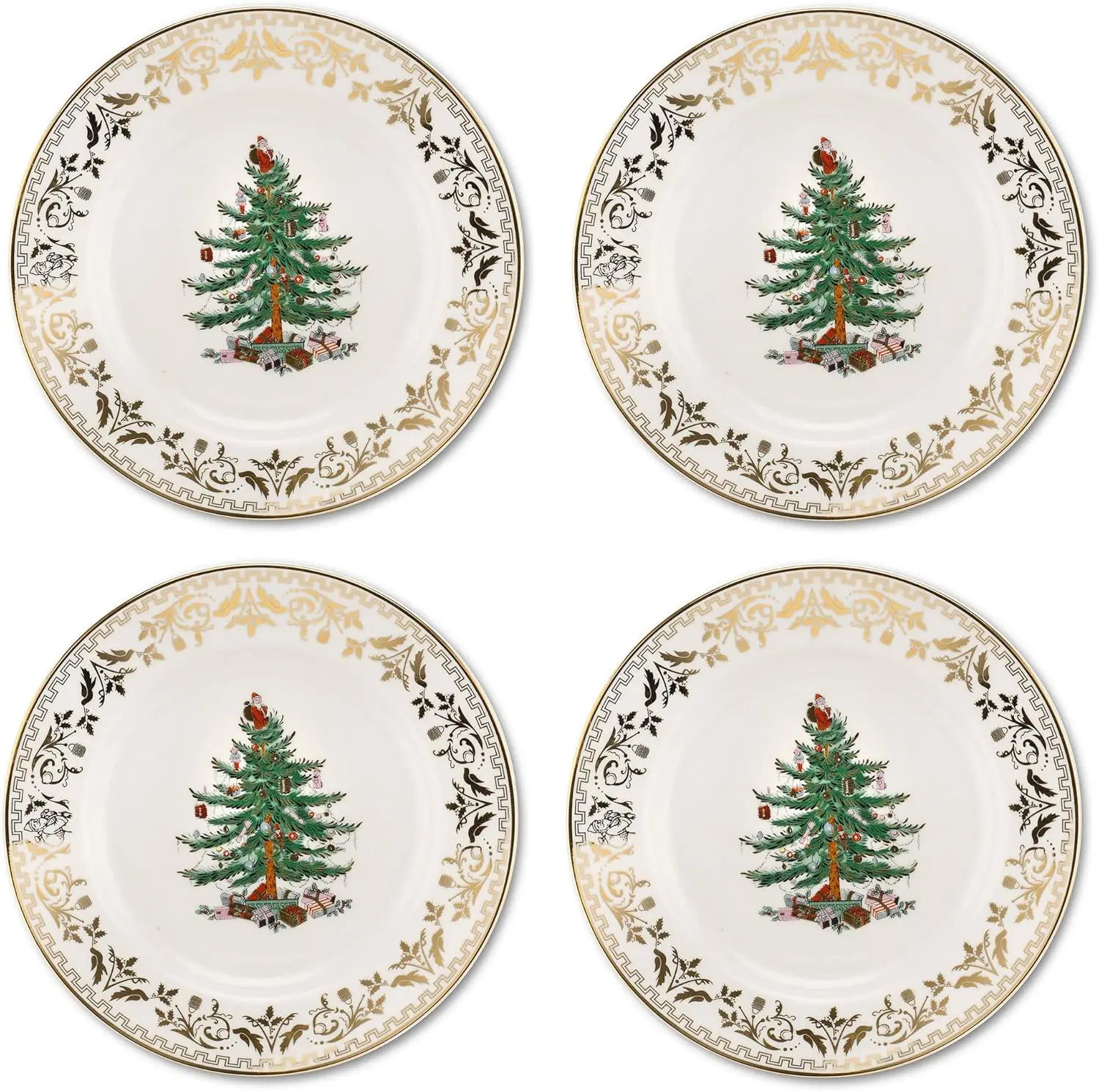 

Золотая тарелка для салата «Рождественская елка» (набор из 4 шт.) — 8-дюймовая фарфоровая тарелка для ужина и закусок, рождественская посуда, микроволновая печь и Dée