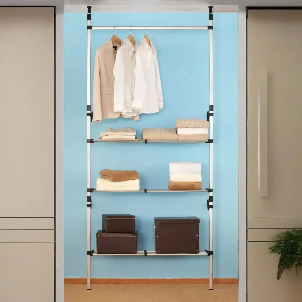 

Adjustable Telescopic Wardrobe System with Aluminum Rods & Shelves for Space Saving