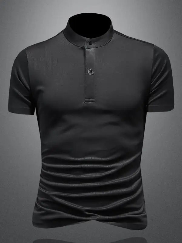 

Новая мужская футболка с воротником-стойкой в китайском стиле, летняя, деловая, повседневная, приталенная, с вышивкой, с коротким рукавом