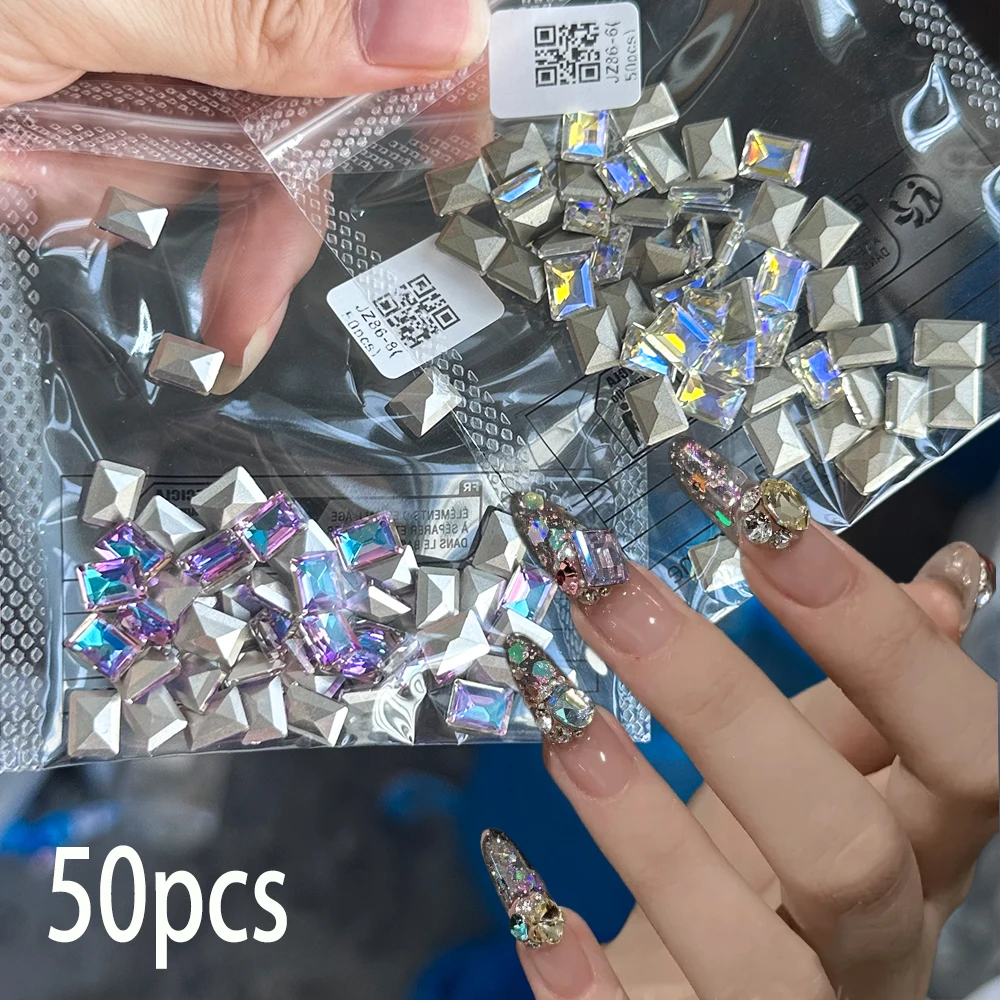 

50pcs Aurora K9 Crystal Square Right Angle Rhinestones Pointed Back 6*8mm Super Shiny Diamond Nail Art Gem DIY Manicure Decorati