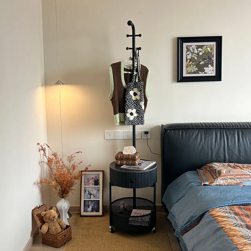 HYS simple bedside table with wheel movable bedside table floor coat rack household bedroom hanger integrated