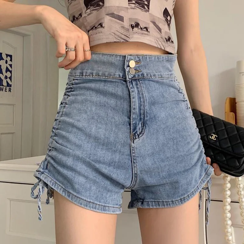 

2026 Summer Lady Solid Double Button High Waist Jeans Girls Slim Fit Thin Denim Shorts Female Classic Korean Short Pants