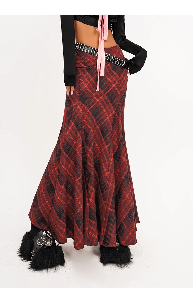 Red Rhomboid Plaid Skirt Retro Grunge Y2k Straight Skirt High Waist Summer Autumn Casual Women Long Skirt Sweet Cute Midi Skirt