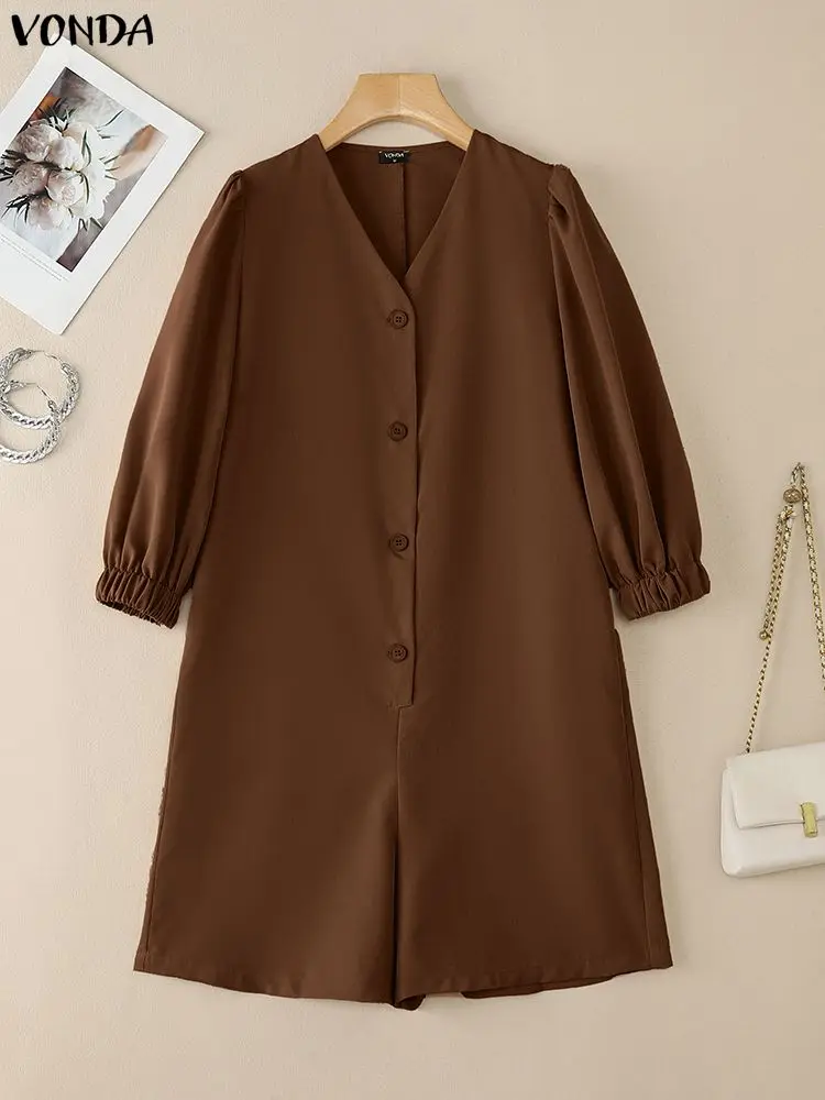 

VONDA Women Fashion Rompers Short Jumpsuits V-Neck Solid Color Female 3/4 Seeve Casual Loose Party Playsuits Summer Streetwear