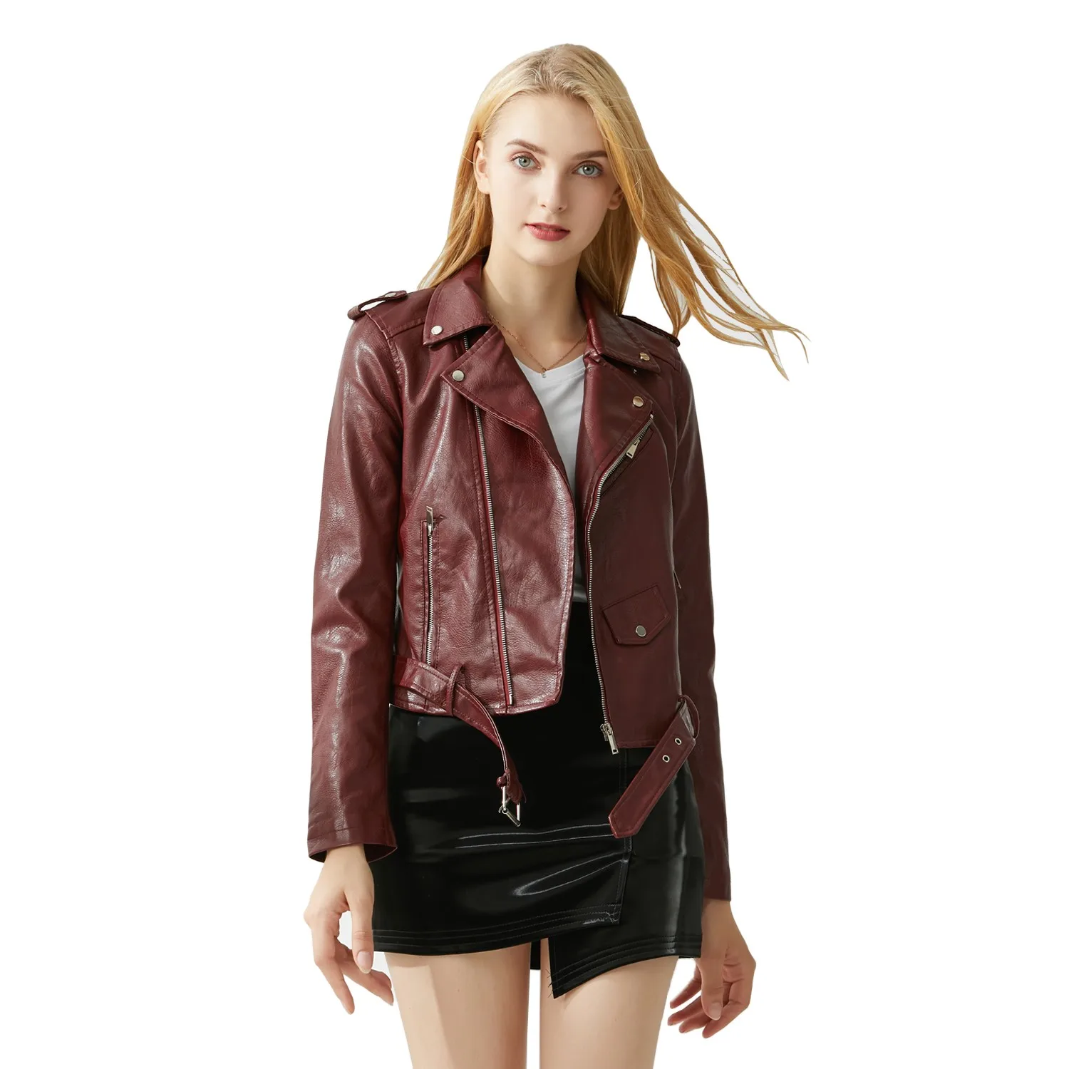 Spring Autumn Faux Leather Jacket Women Black Pu Leather Biker Jackets Short Motor Leather Coat Punk Lady Jacket With Belt