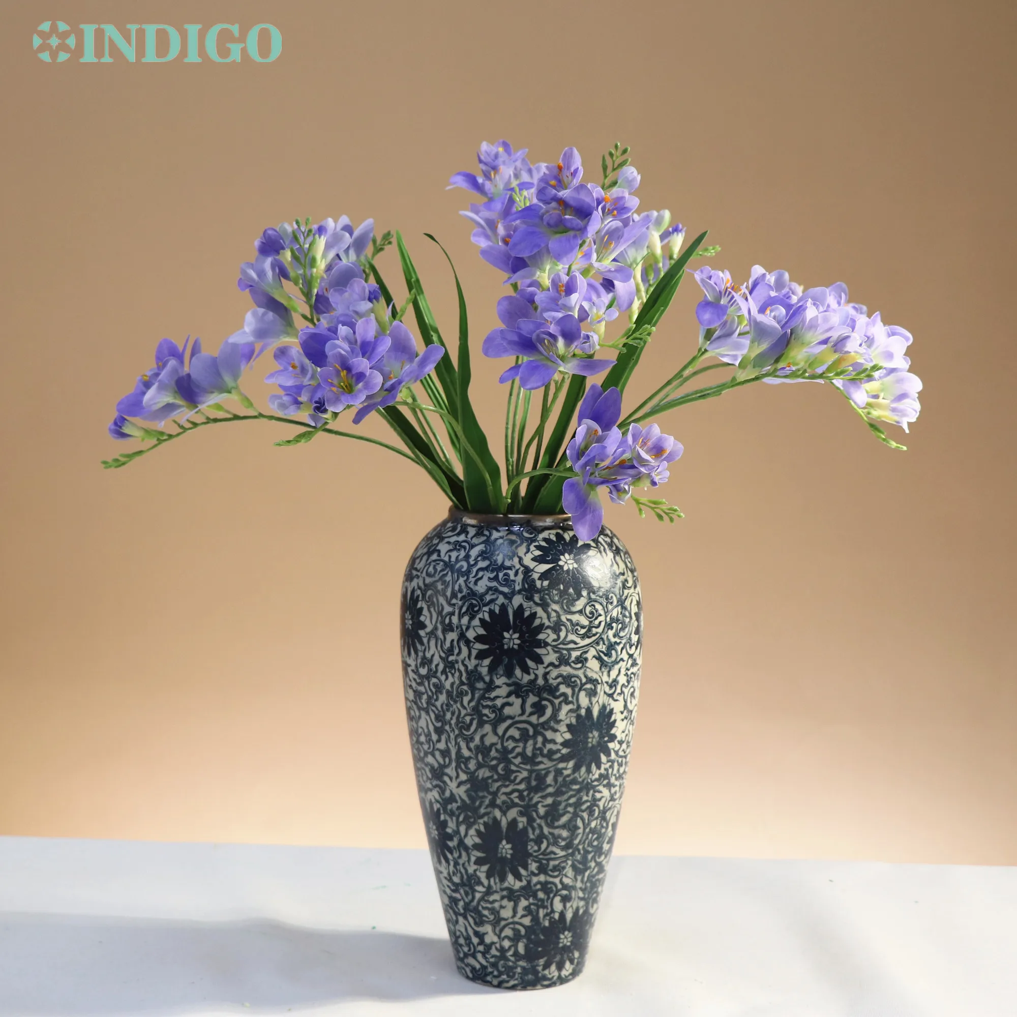 

5PCS Blue Common Freesia Asian Real Touch Orchid 2 Heads With Leaves 65CM Office Party Wedding Decoration Centerpiece INDIGO