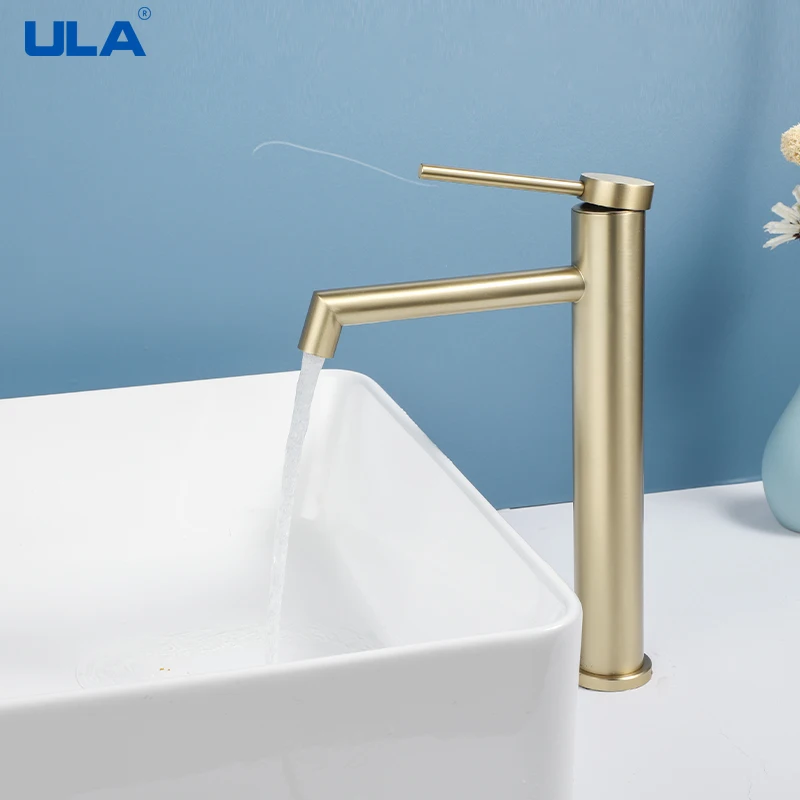 

ULA Basin Faucet Deck Mounted Brushed Gold Bathroom Crane Waterfall Stainless Steel Bathroom Tap Hot Cold Water Mixer Taps