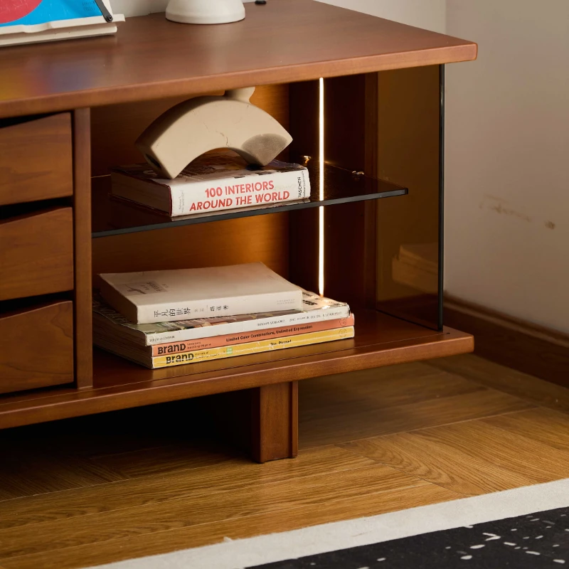 Retro solid wood TV cabinet Antique style storage cabinet Small apartment living room home audio-visual integrated cabinet