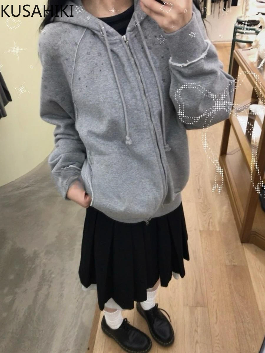 KUSAHIKI Star Bow Print Hooded Sweatshirt Coat Autumn New Hoodie Casual Top Jacket for Women