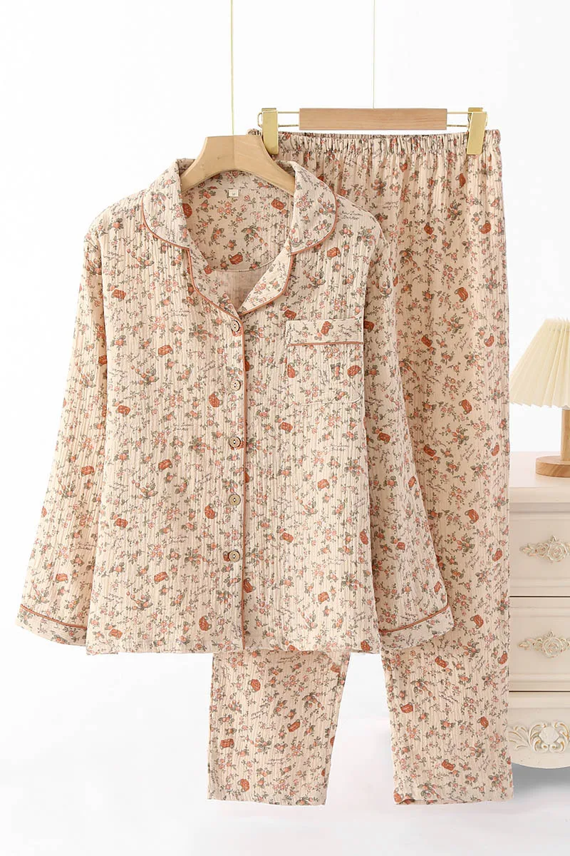 Spring Cotton Crepe Pajamas Women Long Sleeved Lapel Cardigan Vintage Household Clothes Two-piece Set Trousers Sexy Sleepwear