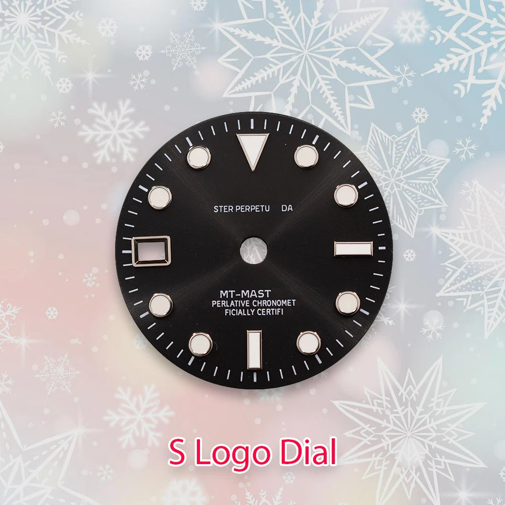 28.5mm Sロゴ NH34 GMT文字盤 9時位置カレンダー窓 NH34ムーブメント対応 アイスブルー夜光時計改造アクセサリー