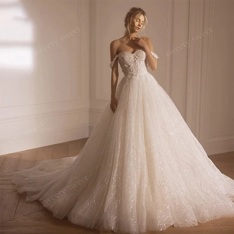 Schulterfreie Brautkleider aus Organza mit Stickerei und Pailletten, A-Linie, Ballkleid, ärmellos, V-Ausschnitt, maßgeschneidertes Brautkleid