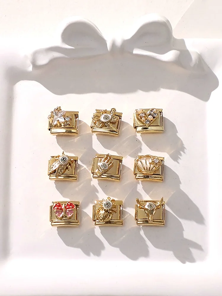 Nouveaux yeux papillon coeur couronne couleur or Zircon italien charme lien ajustement 9mm Bracelet mode acier inoxydable bricolage fabrication de bijoux