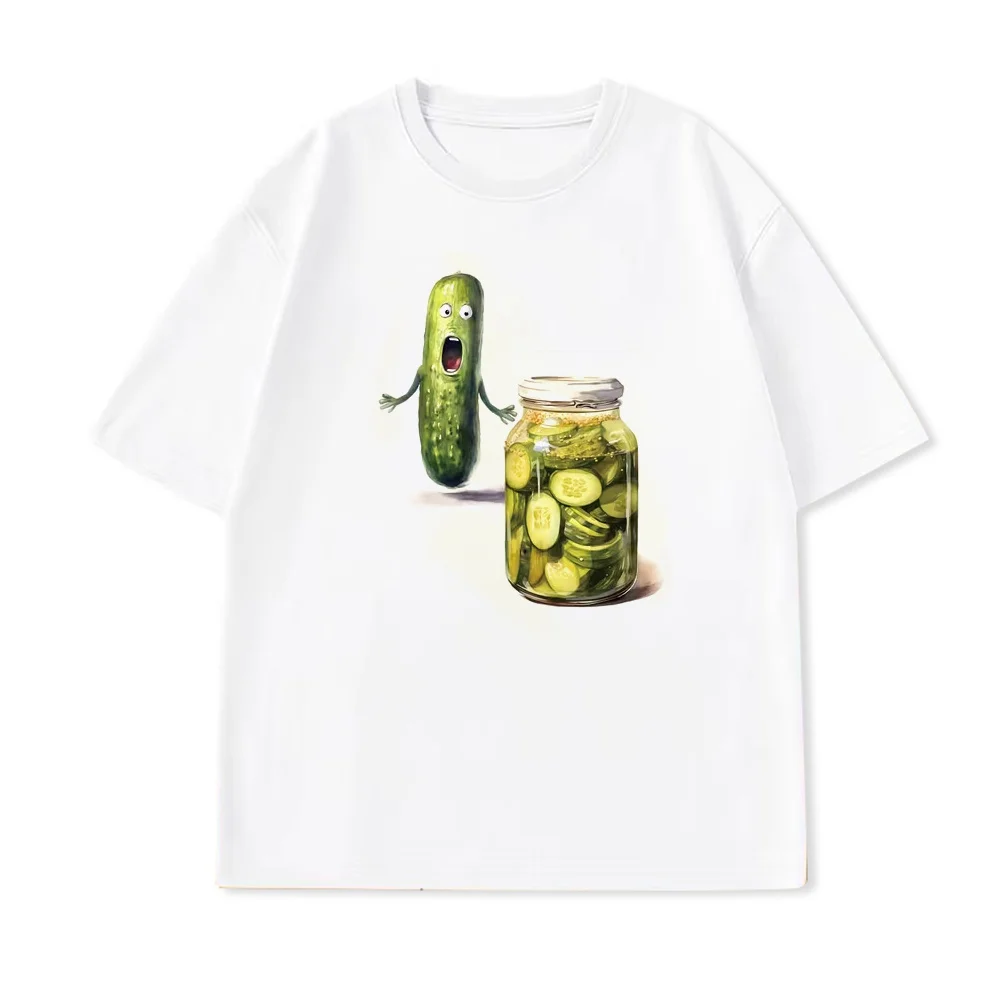 Summer Funny Scared Pickle Print T-shirt Unisex Foodie Tee Unisex Short-sleeved Retro Street Y2K Casual Fashion Tops Clothing