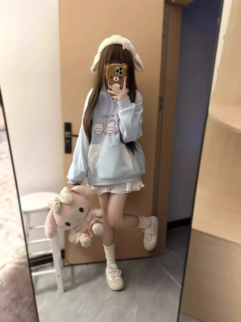 Japanese Subculture Y2k Millennial Two-dimensional Kitten Embroidered Plush Stand-up Collar Winter Loose Top Sweater For Women