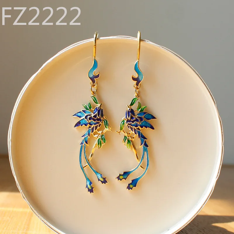 

Guochao gold-plated earrings ancient cloisonne roasted blue Chinese style cheongsam daily Hanfu tea clothing accessories