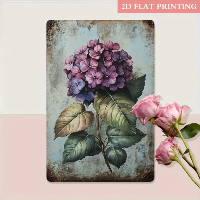 2D Flat, 1pc Vintage Hydrangea Metal Wall Decor - Wrought Iron Floral Sign Suitable for Living Room, Bedroom, Office, Bathroom -