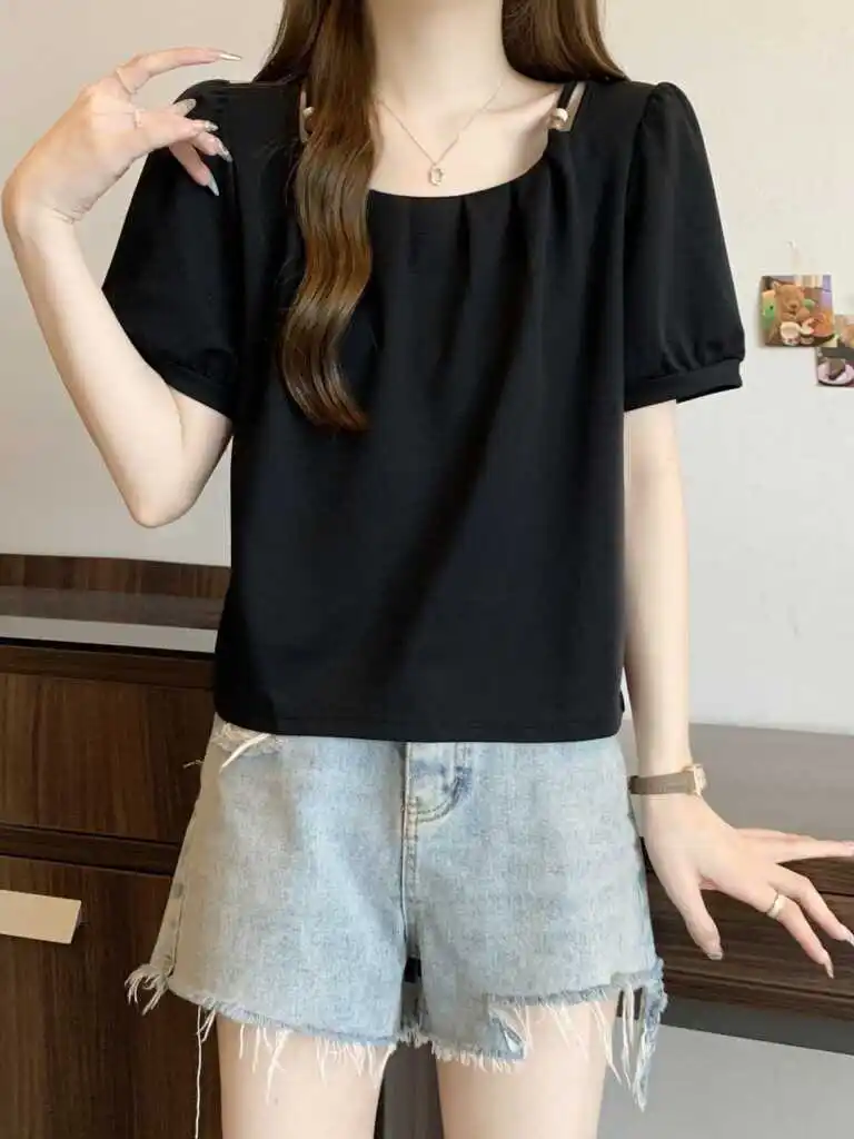 

Корейский летний новый женский топ с вырезами, бисером и плиссировкой, утягивающий, уникальный, для небольшого верха тела, хлопковый, рукав-фонарик...