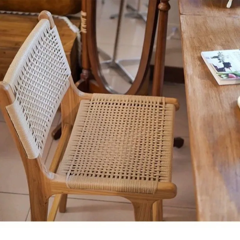 Bar chair Solid wood retro cafe Home simple backrest Rope bar chair Homestay chair