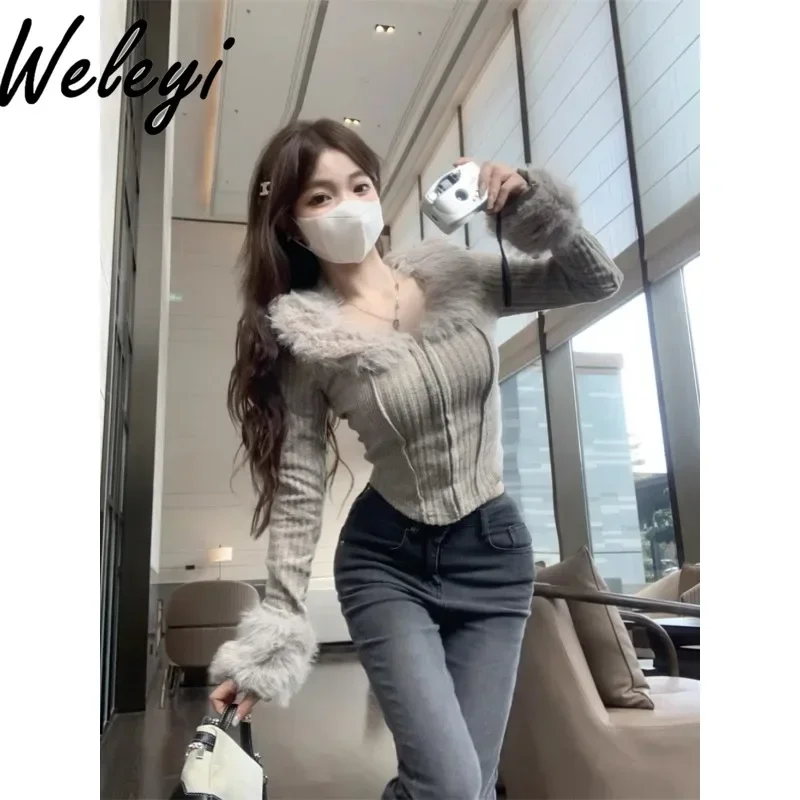 Autumn Fluffy Splicing Long Sleeve Knitted Sweaters Women's Sweater Mujer Spring Sweet Babes Gray Slim Curved Hem Knitted Jacket