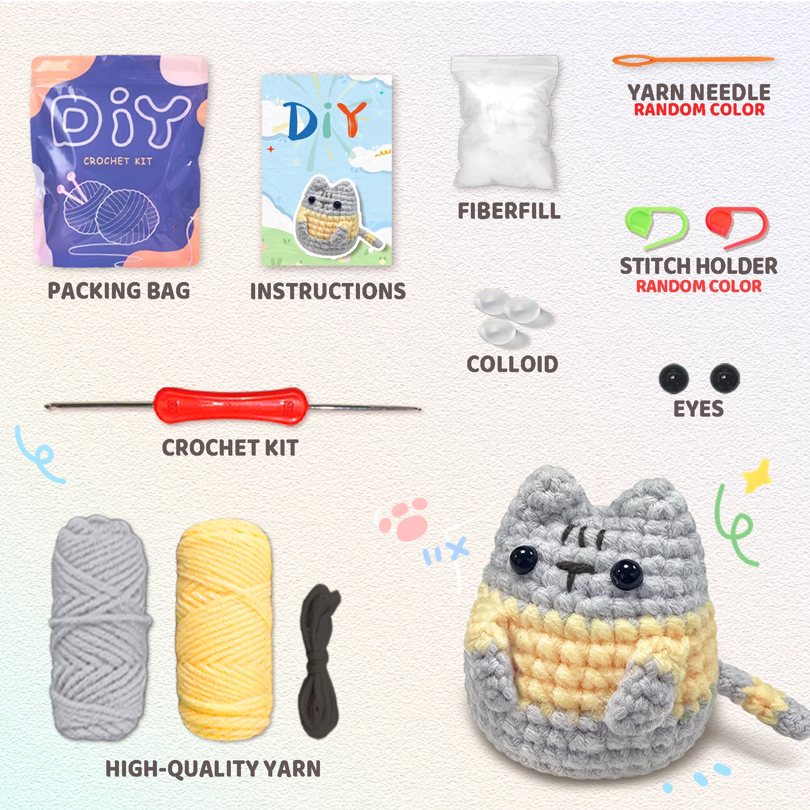 1pc Little Grey Cat,Crochet Set for Beginners,Include Step-by-Step Video Tutorials(Accessories In Random Color)