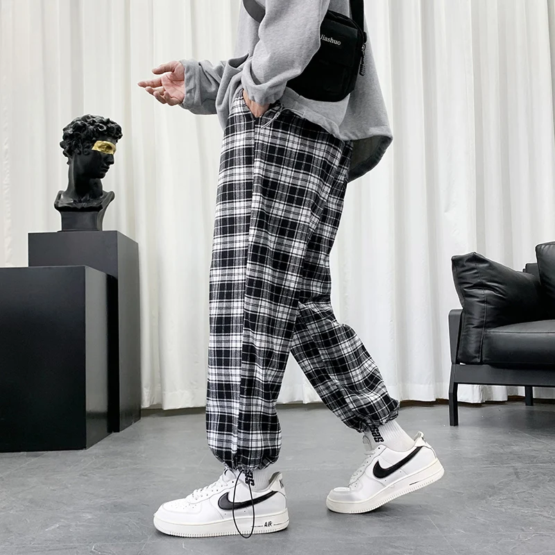 Summer Plaid Pants Men Loose Fit Cotton Casual Pants Lightweight Oversized Baggy Sweatpants Drawstring Straight Harem Trousers