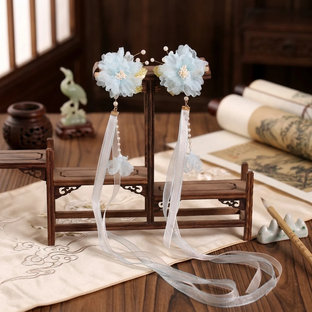 Chiffon-Blumen-Haarspangen, chinesische Hanfu-Haaraccessoires für Frauen, 2 Stück, rosa/blau, florale Quasten-Haarnadel, Retro-Perlen-Haarspangen – Detail 6