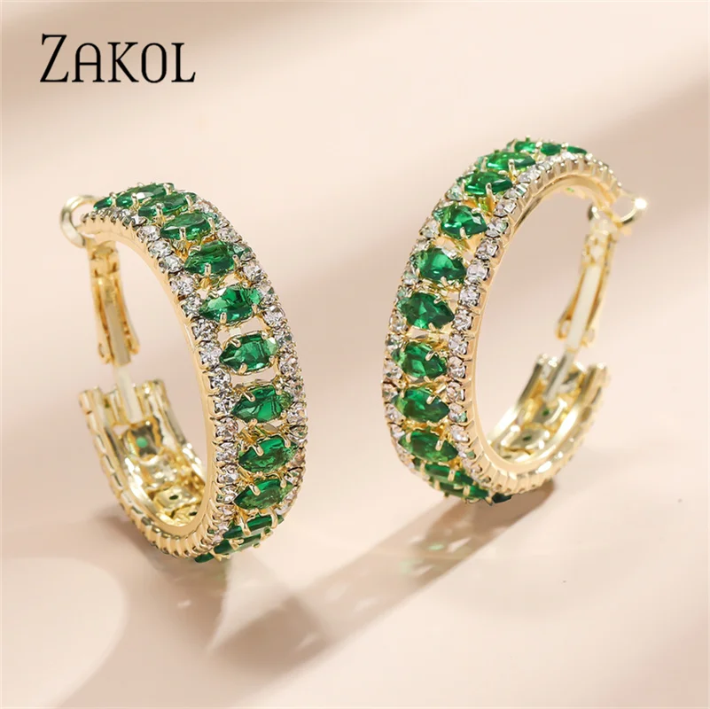 ZAKOL  Luxury Vintage Green Zircon Hoop Earrings Geometric Circle Drop Earring Exquisite Jewelry Birthday Gifts for Women