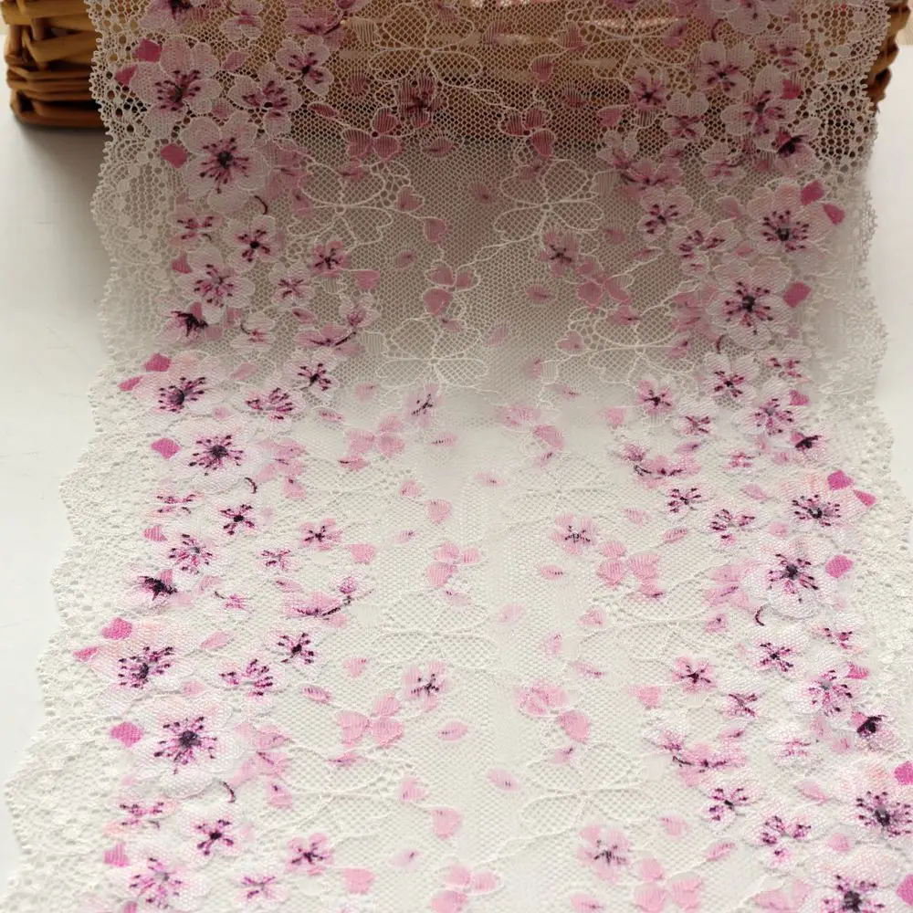 2 Yards 22 CM Width Small Floral Printed Stretch Elastic Lace Trim White Fabric Garment Bra Underwear Lingerie Sewing Trimmings