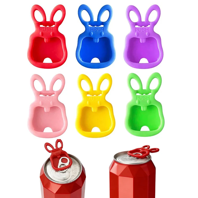 Abridor de latas de bebidas de colores, 6 uds., abridor de plástico portátil tipo conejo, tapas reutilizables para coca cola, cerveza, refrescos y latas de aluminio