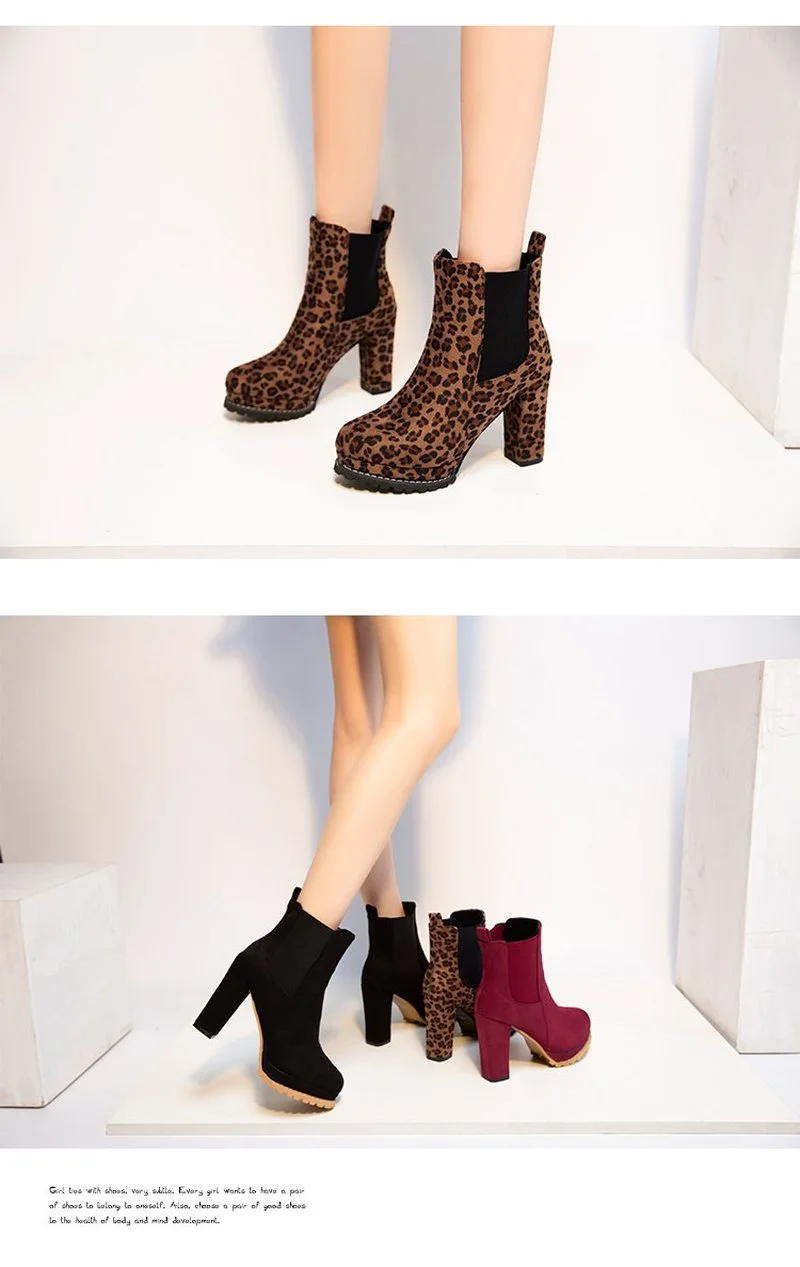 Botas de tornozelo leopardo feminino, salto alto, sapatos de plataforma para senhoras, botas retrô, rebanho, plus 43, outono, 2022