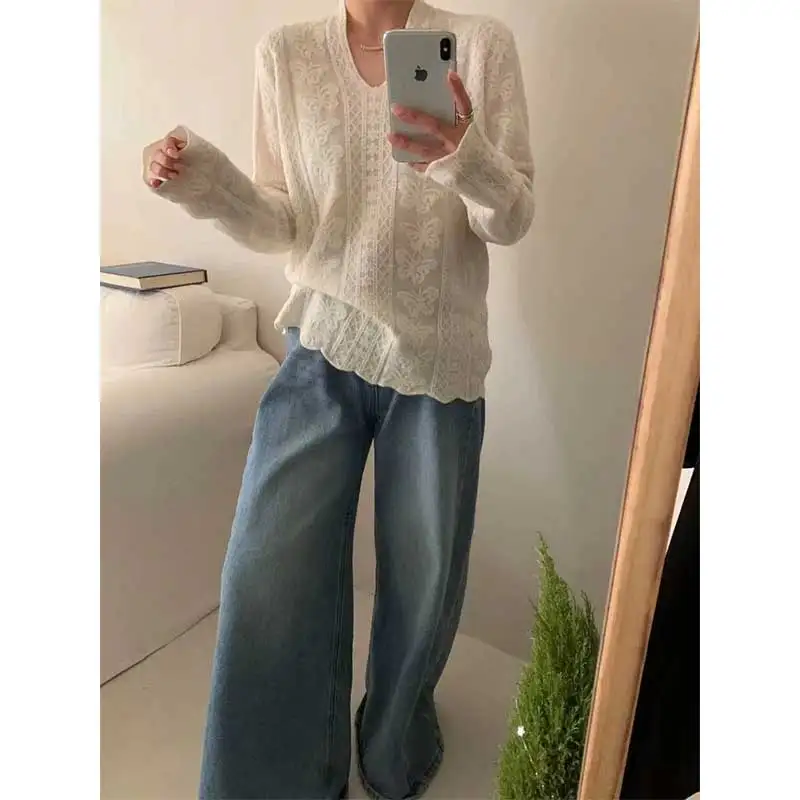 

Женская одежда, весенне-осенний модный однотонный свитер с v-образным вырезом и принтом, женский универсальный модный вязаный крючком свитер, пуловеры