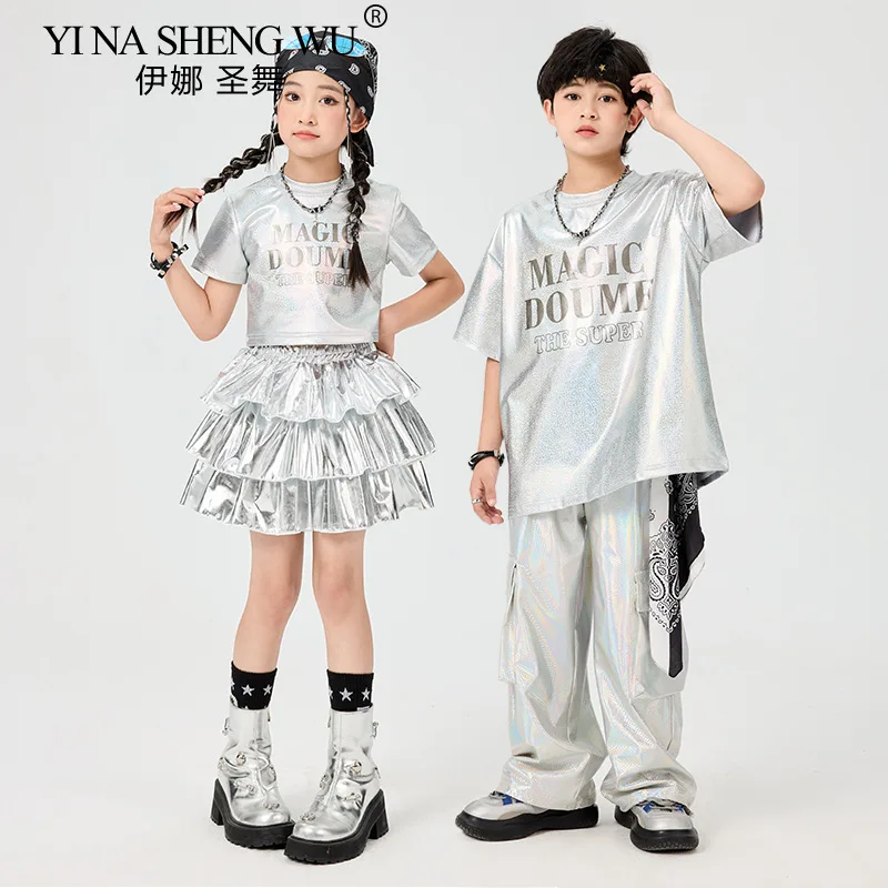 Hip hop meninos brilhante camiseta calças de dança de rua shorts de prata meninas k-pop saias traje crianças jazz roupas conjunto crianças streetwear