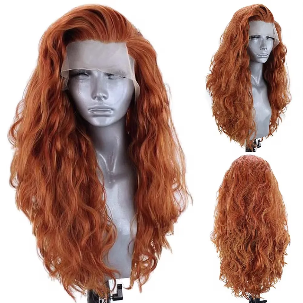 MXWIGS Orange Colored Water Wave Glueless Synthetic Hair Lace Front Wig For Black Women High Temperature Fiber Cosplay