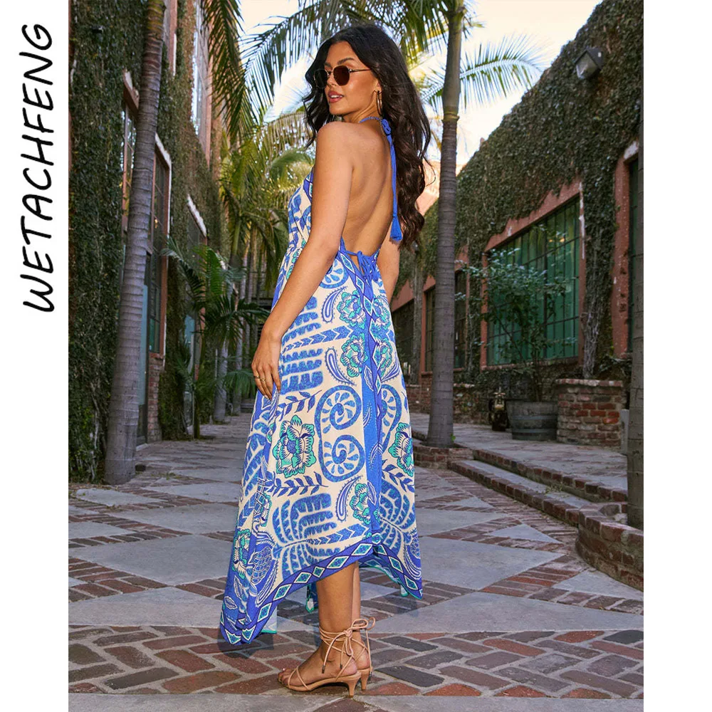 Sexy Elegant V Neck Floral Maxi Dresses Women Summer Holiday Boho Beach Evening Printed Slip Dress Clothes 2025 Fashion Robe