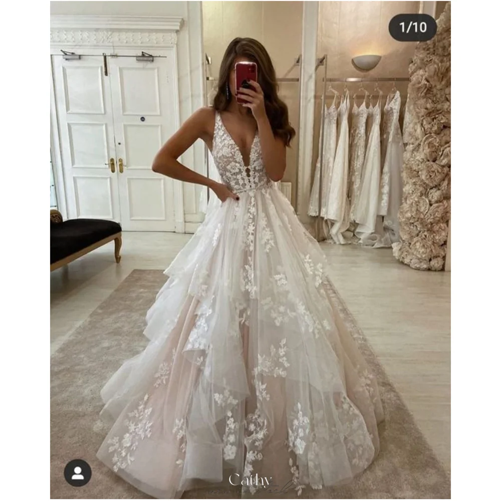 Cathy Sexy Ball Gown فساتين سهرة Tulle V Neck Floral Sleeveless Vestidos De Noiva Floor-Length Flowers Pleats robe de mariée