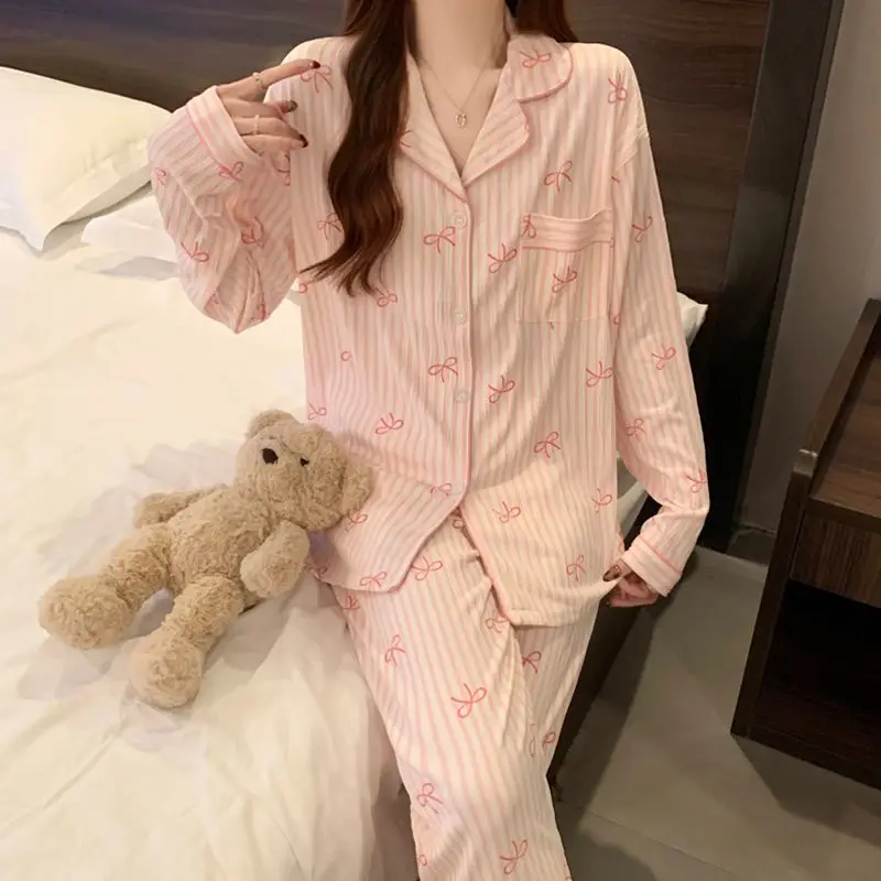 Femmes pyjamas ensemble printemps automne loisirs vêtements de nuit à manches longues pantalon revers doux nœud papillon rayé imprimé Homewear femme vêtements de détente