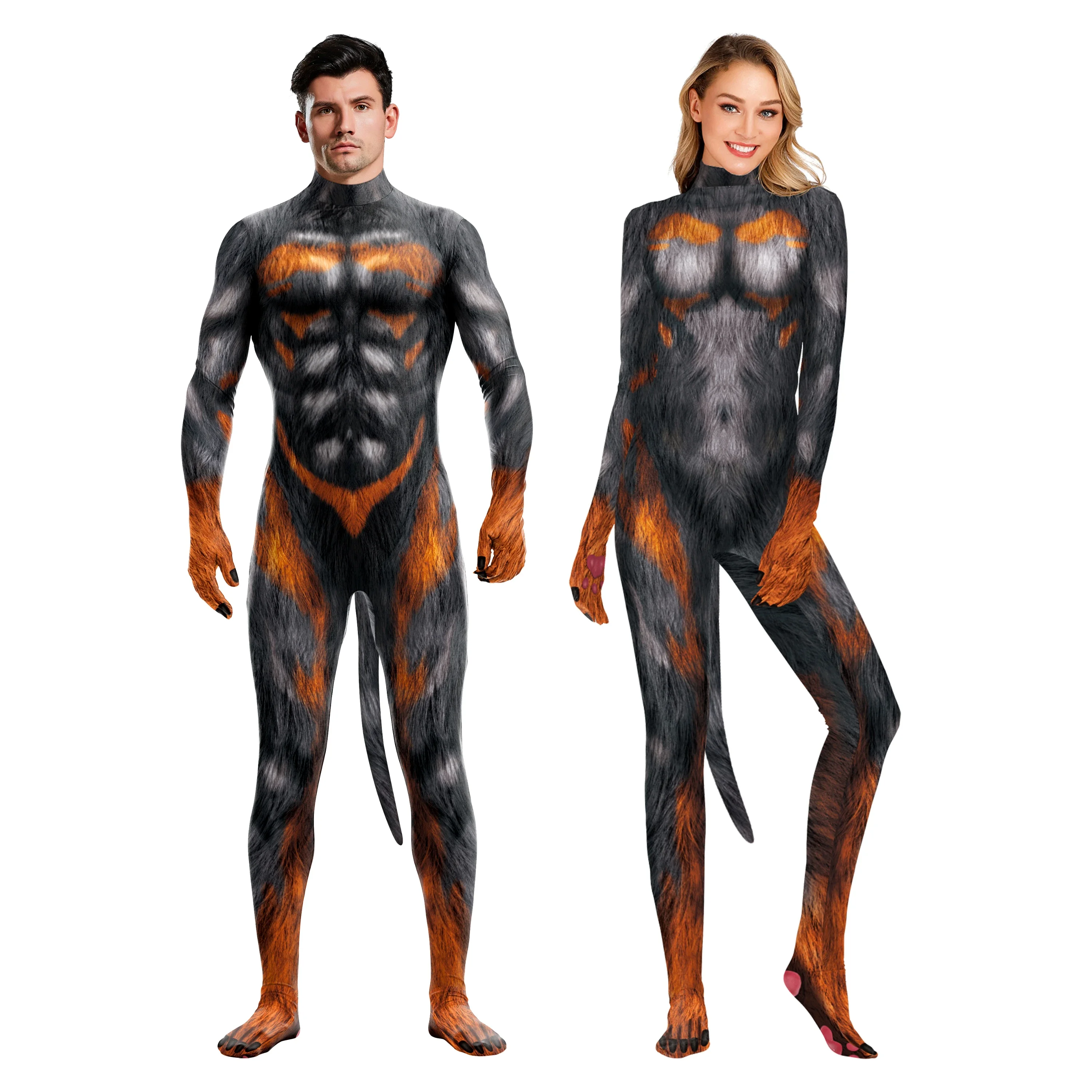 Wolf Print Cosplay com cauda Virilha para Casal, Festa de Halloween, Bodysuit Zentai, Catsuit com zíper, Roupa Animal, Disfarce