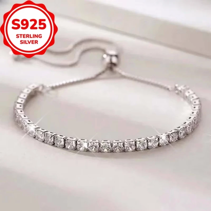 

Fine 925 Sterling Silver Bracelet Elegant Zircon Tennis Crystal Chain for Women lady Fashion Noble Engagement Wedding Glam