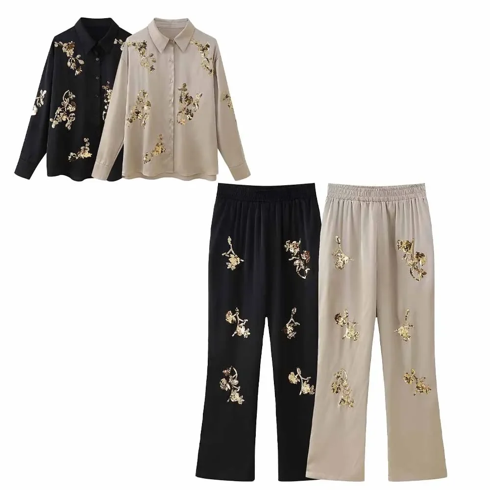 

Suit Women's 2024 New Fashion Temperament Joker Sequined Embroidered Satin Long-sleeved Shirt+elastic Waist Straight Pants Suit