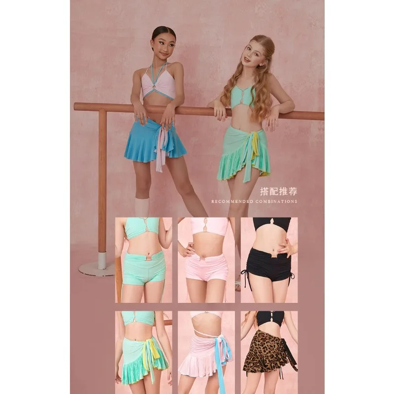 customized ZYM [Three Piece Set] Top Pants Half Skirt Girls' Latin Dance Practice Dress Versatile S001