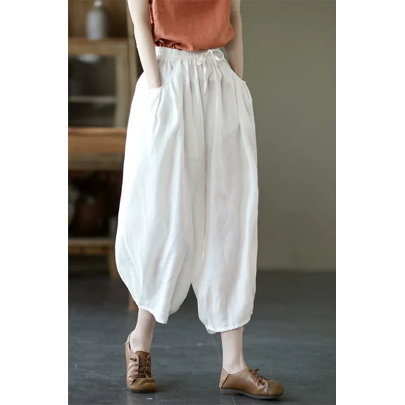 Senhoras moda solta coringa confortável algodão e linho bloomers casual personalidade cintura alta temperamento casual harem calças