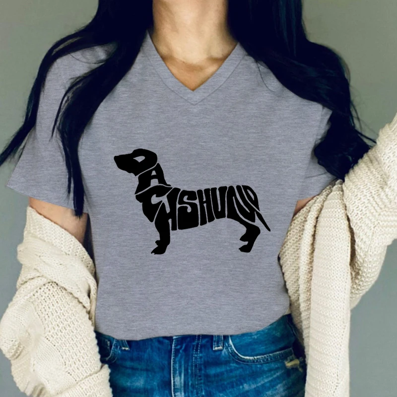 T-shirt graphique de contour de teckel haut de gamme pour femmes, t-shirts de mot de teckel drôle, impression de mot, vêtements d'été, clé vertébrale essentielle de chien