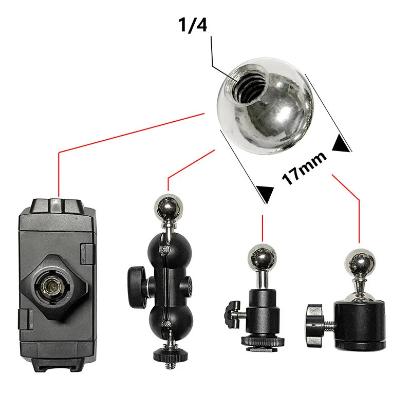 17mm /17.4mm spherical to 1/4 screw mobile phone clip transfer screw flat clip metal adapter steel ball head