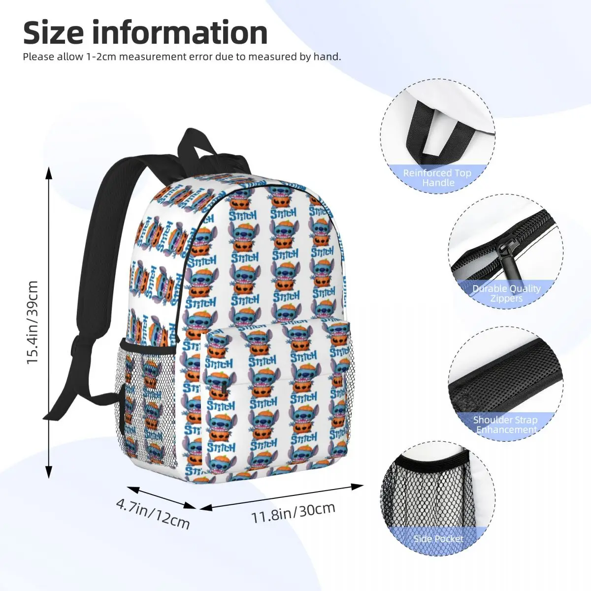 Disney Stitch 15-Inch Waterproof Backpack - Lightweight Travel Bag with Multiple Pockets for Organization
