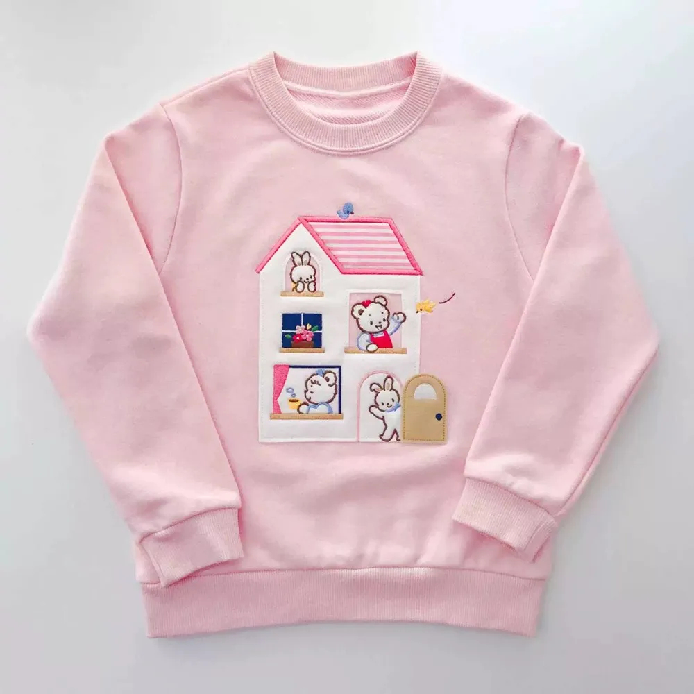

Autumn kids girls clothes baby tops Cartoon house pattern sticker for girls' hoodie pink cute Sweatshirt